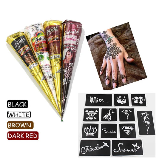 GOLECHA Black Brown Red White Henna Cones Indian Henna Tattoo Paste For Temporary Tattoo Body Art Sticker Mehndi Body Paint