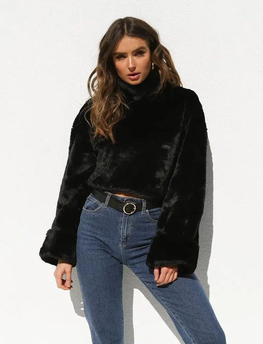 BKLD 2026 New Women Clothes Casual Autumn Long Sleeve Black White Turtleneck Crop Hoodies Sweatshirts Pullovers Velour Top