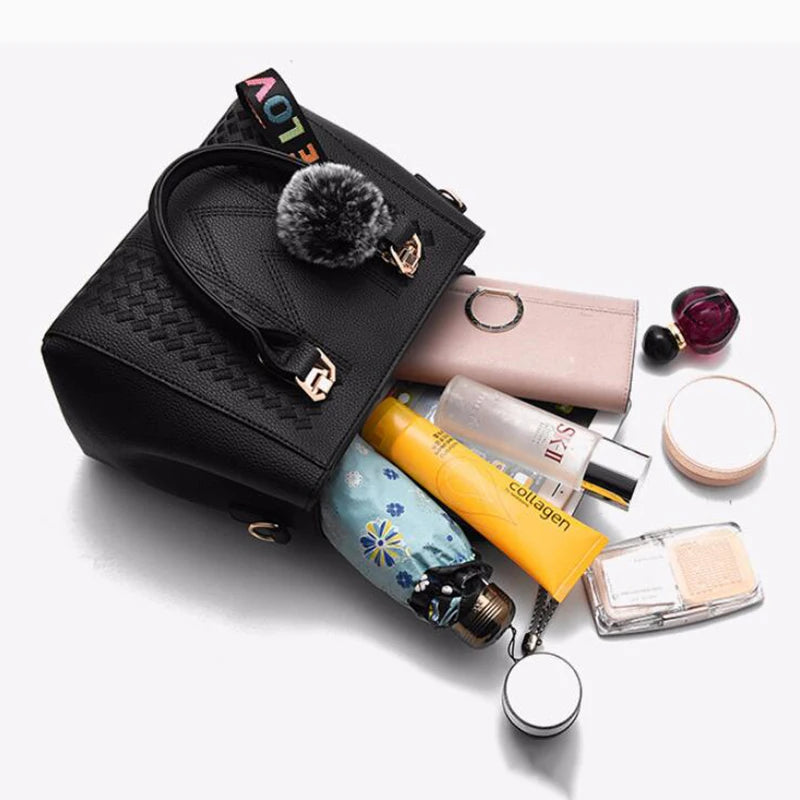 👜 Embroidery Messenger Bags Women Leather Handbags - حقيبة كتف نسائية مطرزة جلدية مع كُرة زينة أنيقة