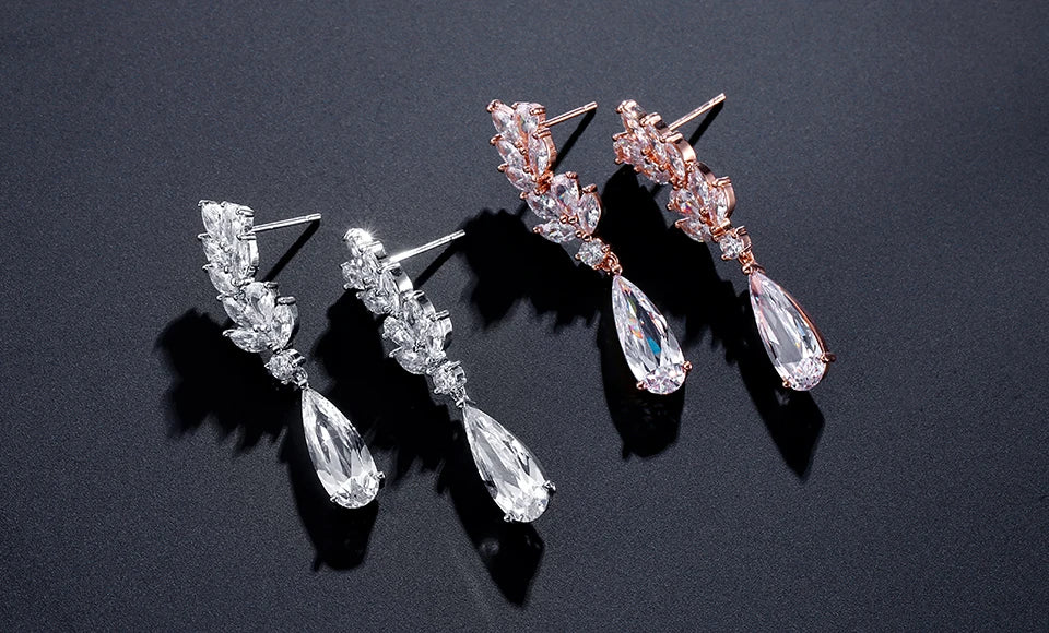 ZAKOL White Zircon Leaf Dangle Earrings for Women Shinny Water Drop Crystal Flower Pendant Earring Bridal Wedding Jewelry