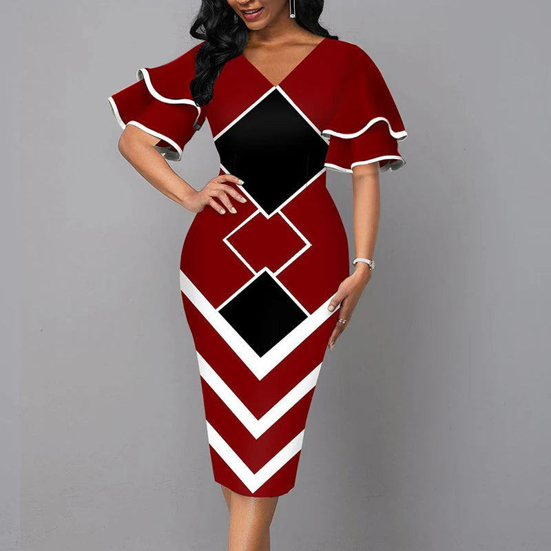 V-Neck Patchwork Slim Midi Dress – Office & Party