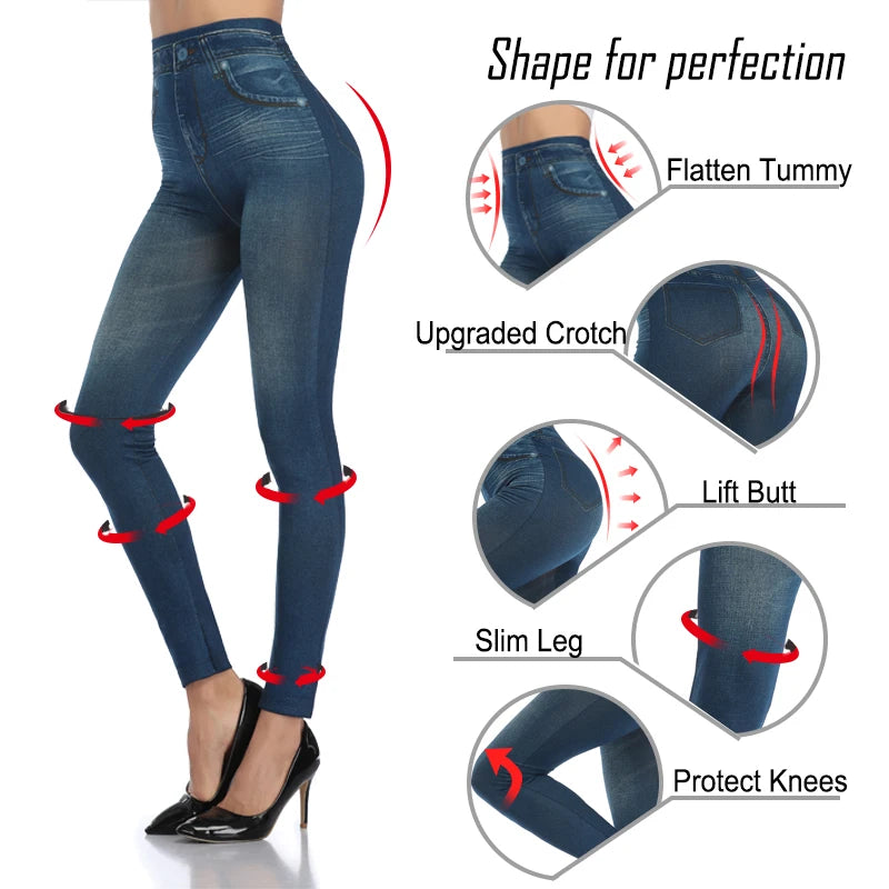 2026 High-Waist Faux Denim Jeggings – Slim & Tummy Control