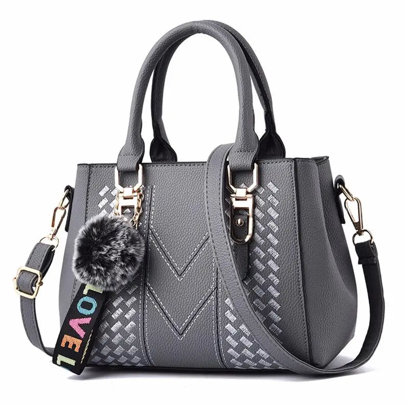 👜 Embroidery Messenger Bags Women Leather Handbags - حقيبة كتف نسائية مطرزة جلدية مع كُرة زينة أنيقة