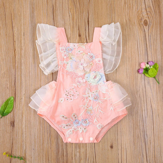 Princess Infant Baby Girls Lace embroidered Romper Sweet Baby Ruffle Fly Sleeve  0-24M