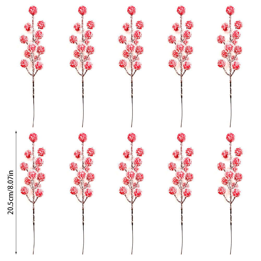 10pcs Snow Frosted Artificial Red Berry Stems Suitable For Christmas Tree Decoration Holiday DIY Crafts Xmas Ornaments HomeDecor