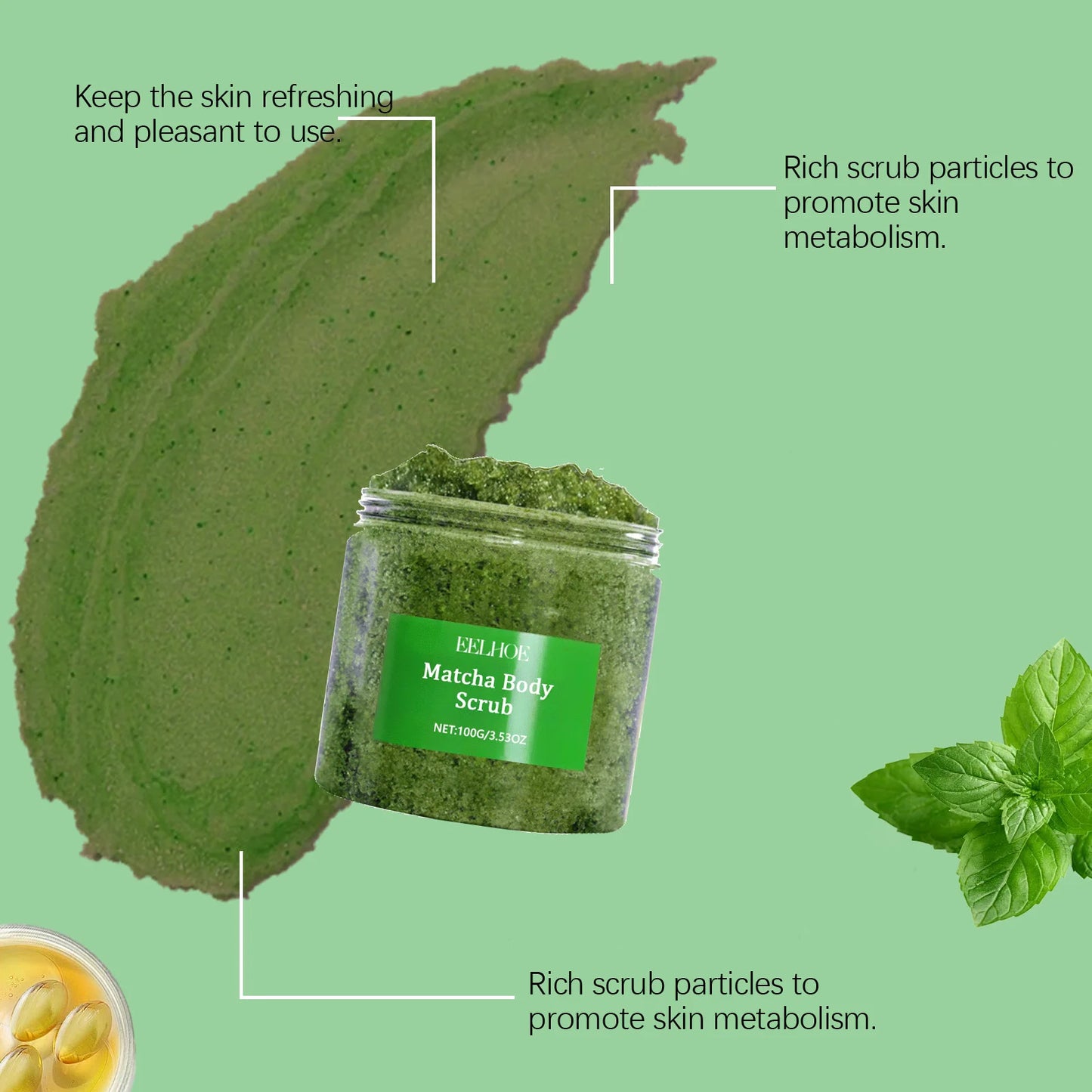 EELHOE Green Tea Body Scrub Dead Skin Remover Body Cleaning Deep Hydration Smooth Skin Care Sea Salt Exfoliating Body Scrub 100g