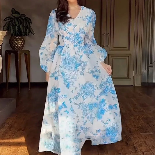 BKLD Summer 2026 Women Clothing Sexy High Waist Long Sleeve V-Neck Dress Fashion Printed Celebrity Evening Party Club Dresses