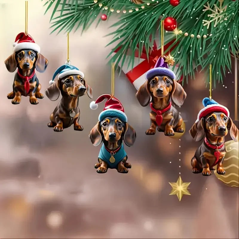 5/9pcs Dachshund Christmas Ornaments - Holiday Hanging Decorations with Santa Hats & Scarves, for Room Decor, Christmas Decor