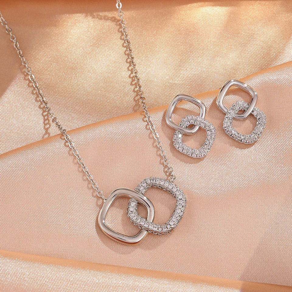 ZAKOL Hollowed Geometric Square Pendant Necklace Earrings Simple Fashion Shiny Zircon Party Jewelry Set Holiday Gifts