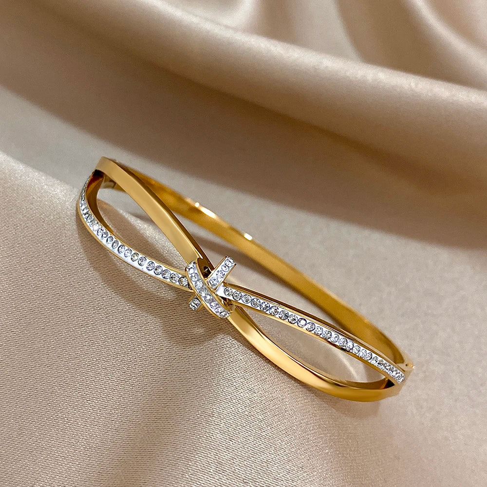 Flashbuy New Design Cubic Zircon Stainless Steel Bangles Bracelets for Women Geometric Gold Color Waterproof Fashion Jewelry