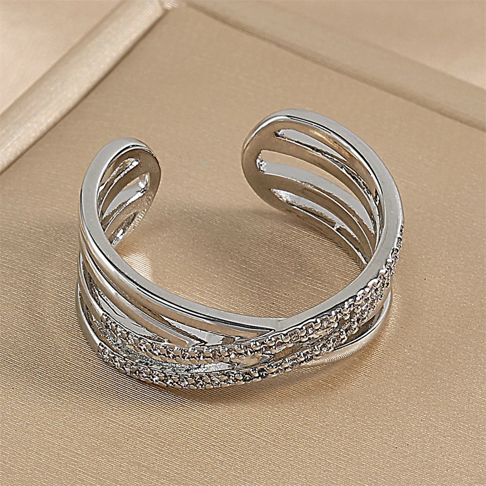 ZAKOL Fashion Double Layers Zircon Rings for Women Gold Color Plated Open Stainless Steel Ring Aesthetic Party Wedding Jewelry
