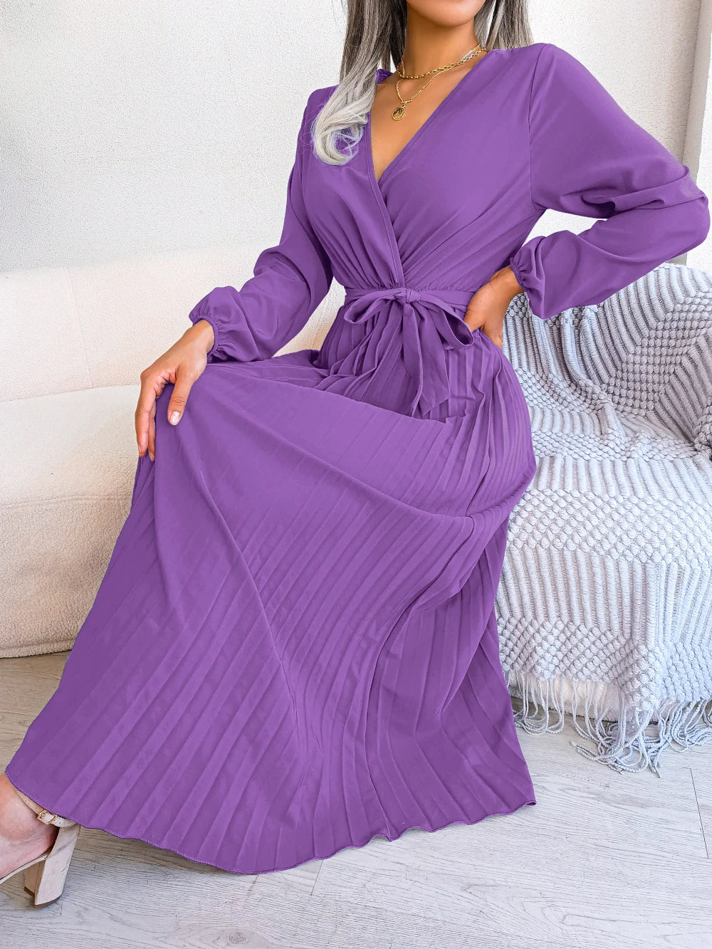 Women Elegant V Neck Long Sleeve Pleated Maxi Dress