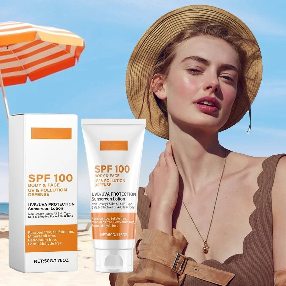 Face & Body Sunscreen Non-Greasy SPF 100+ Facial Sunblock UVA & UVB Protection Sunblocking Cream Anti Aging for Summer Beach