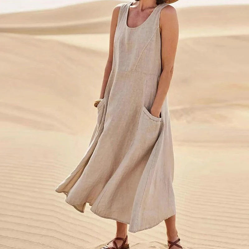 Women Casual Sleeveless A Line Dress with Pockets Vintage Hrajuku Loose Midi Length Maxi Dress Summer O Neck Cotton Linen Dress