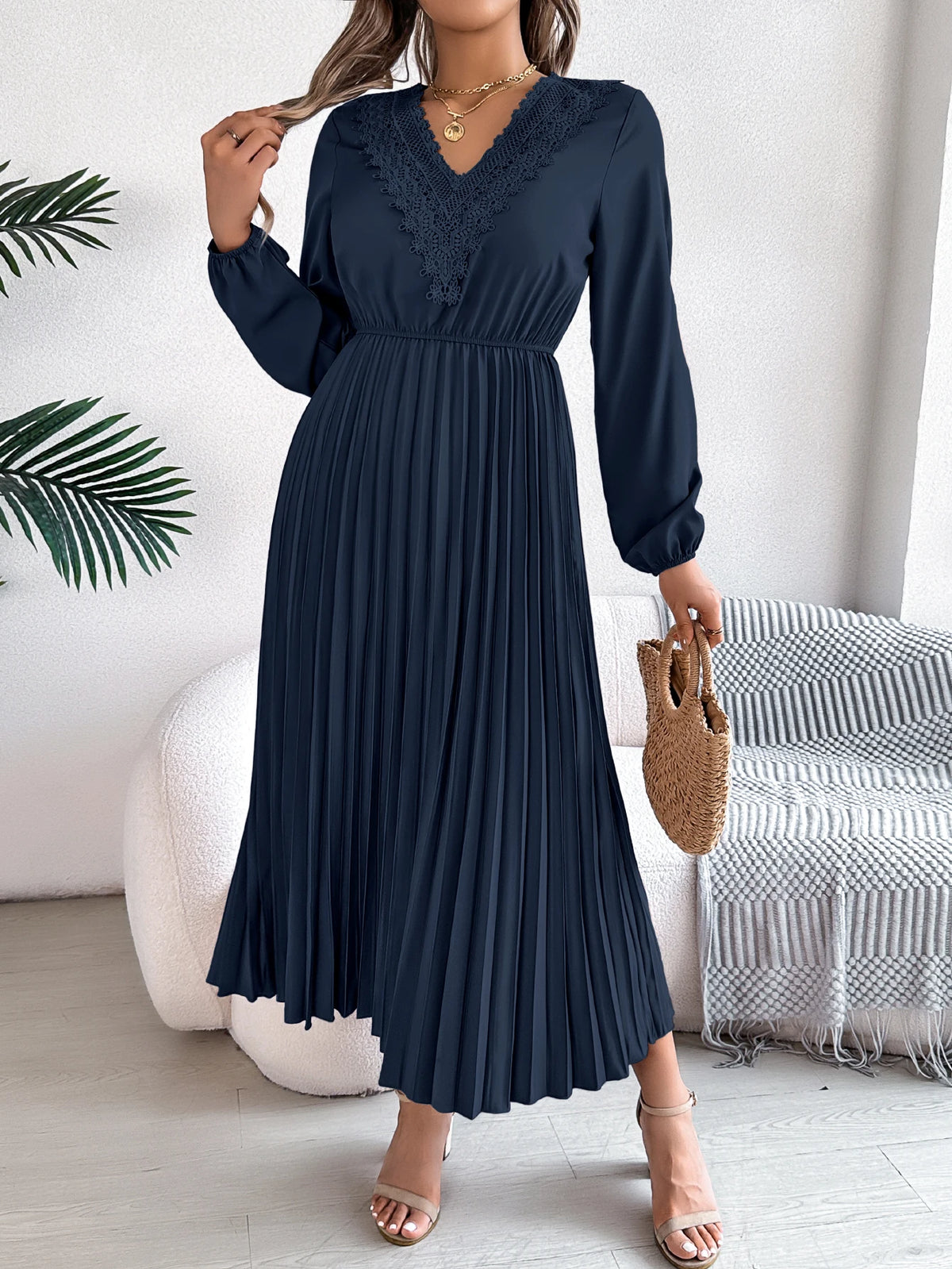 2026 Fashion Lace V Neck Lantern Long Sleeve Maxi Dress for Women Autumn Winter Casual Solid Color Pleated Dresses Khaki Red