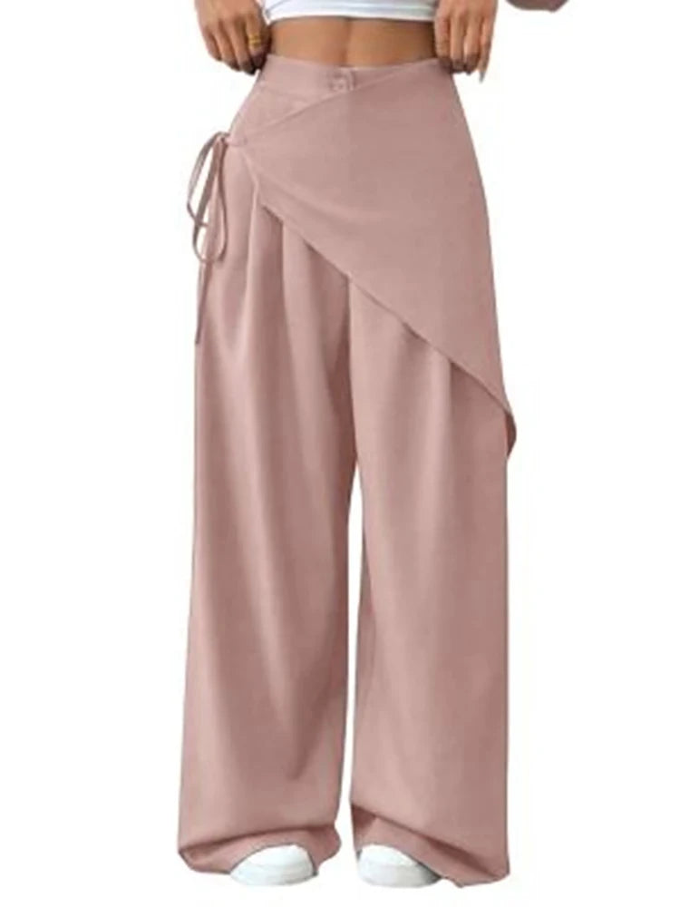Elegant Irregular Suit Pants for Women High Waist Loose Wide Leg Pants Asymmetrical Lace Up Trousers Elastic Waist Casual Pants