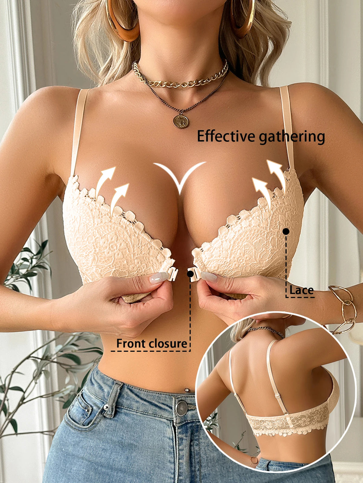Modern Women's Lace Bra, Sexy Front-Clasp Push-Up Bra, Non-Padded, Breathable, Comfortable, Elegant, Sexy Lingerie Top