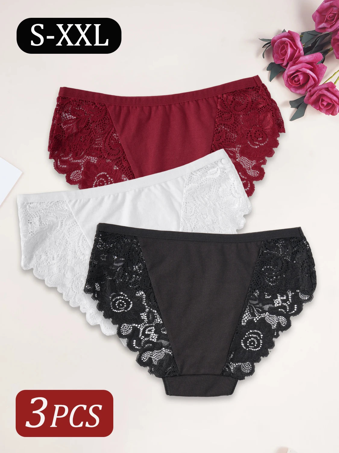 3PCS Elegant Women's Panties Sexy Lace Floral Cotton Patchwork Underwear Comfortable Breathable Solid Color Briefs Lingerie