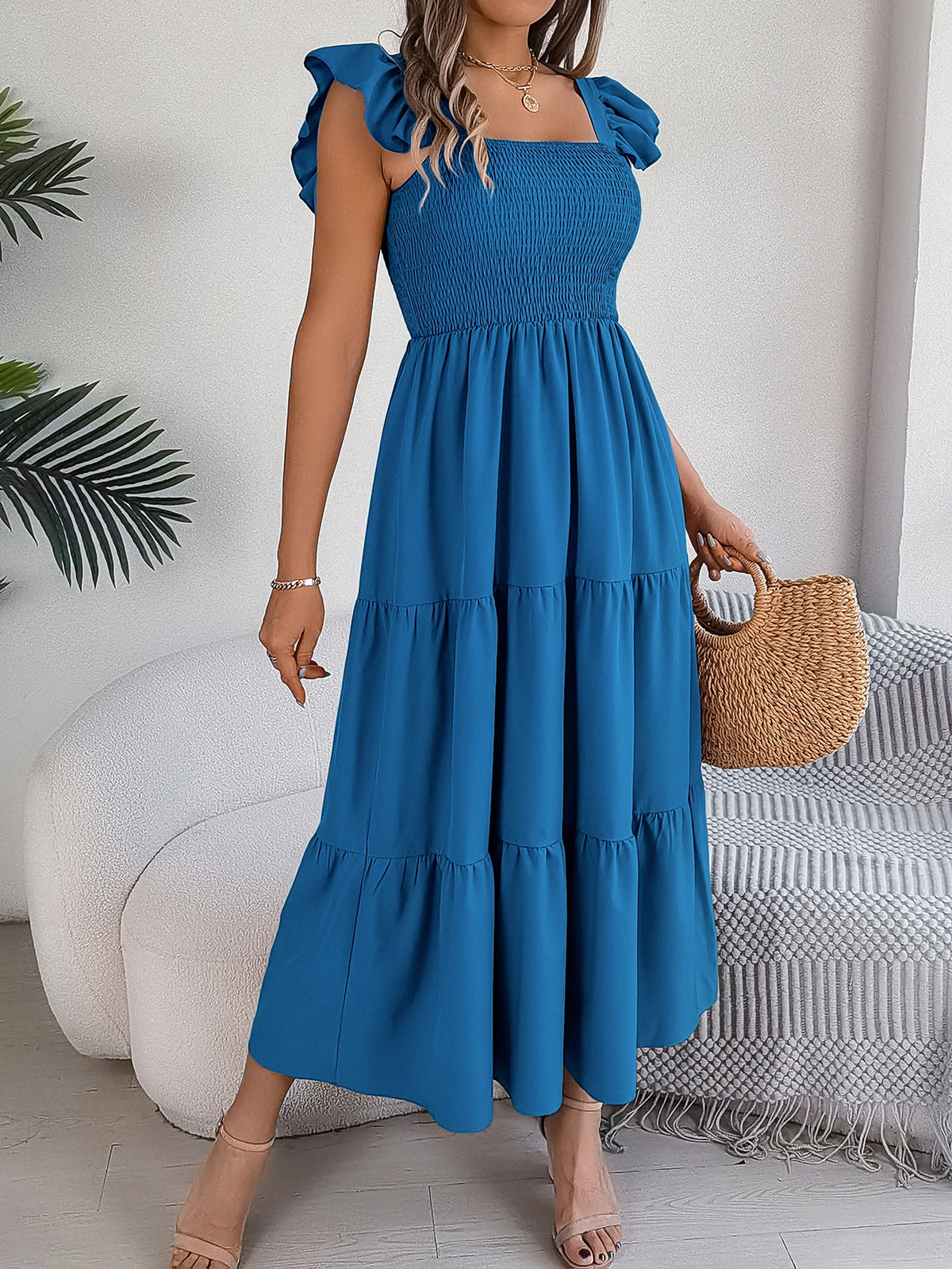 Spring Summer Solid Color Edible Tree Fungus Edge Square Neck Sleeveless Holiday Dress Elegant Long Dresses for Women Rose Blue