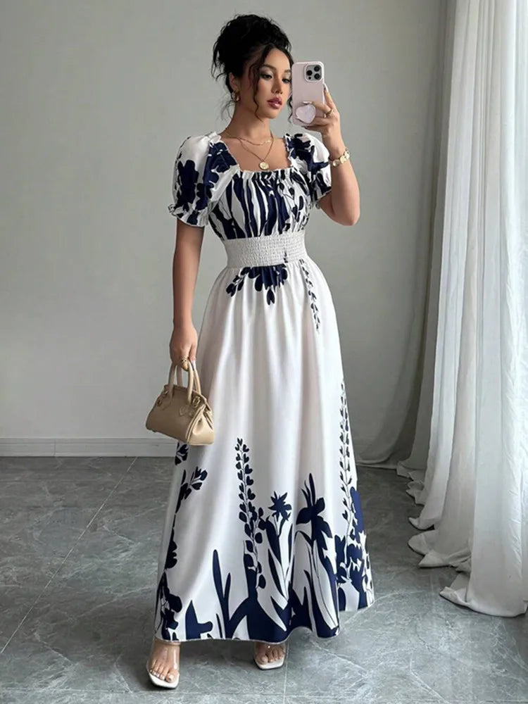 BKLD Women Clothing Summer Floral Print Dress Short Sleeve Square Collar Beach Holiday Outfits Waist Ruched Long Dresses Party