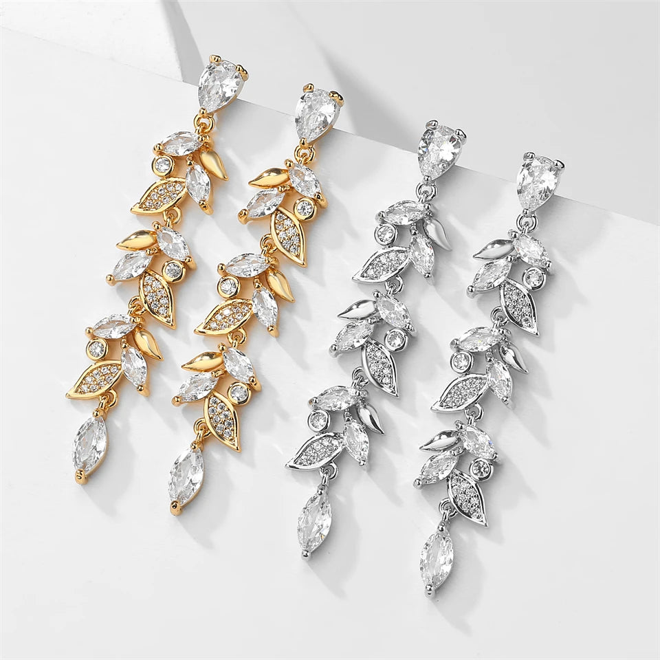 ZAKOL Fashion Cubic Zirconia Leaf Long Dangle Earrings for Elegant Women White Leaves Drop Earring Bridal Wedding Jewelry