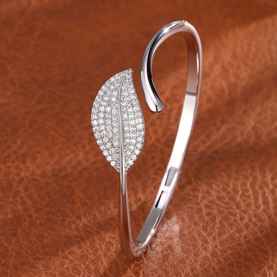 ZAKOL Buling Micro Inlaid Zircon Leaves Open Bracelet Fashion Dubai Gold and Silver Color Bridal Jewelry for Women Wedding Acces