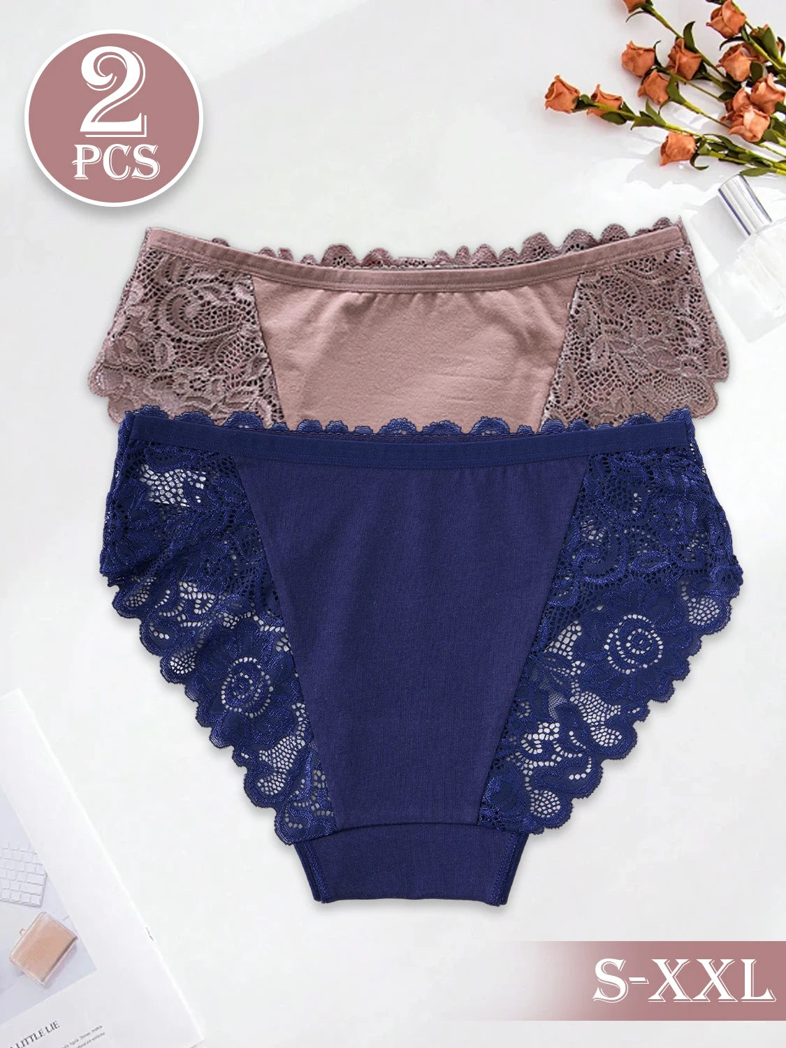 2PCS Solid Color Comfortable Cotton Underwear for Women Exquisite Floral Lace Designs Panties Semi-Sheer Sexy Briefs All Season