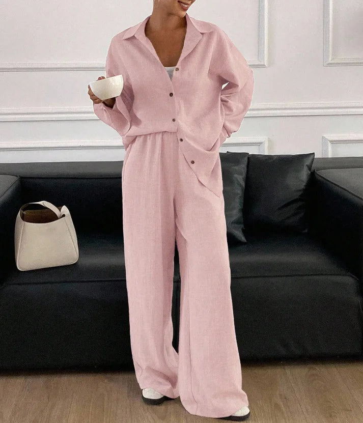 2026 New Women Linen Two Piece Outfit Set Lapel Long Sleeve Button Shirts Elastic Waist Wide Leg Pants Casual Loose Home Suit