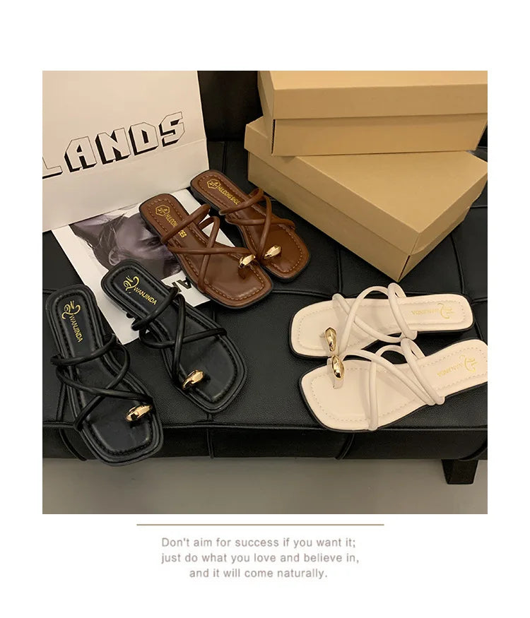 Women Summer Slippers Ladies Sandals Metal Decor Thong Flip Flop Low Heel Shoes Woman Outdoor Retro Brown Sandals Female