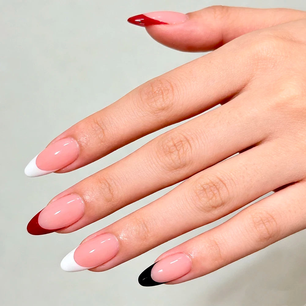 144Pcs White/Black/Red French False Nails for Women Mid-length Almond Press on Nails Acrylic Full Cover Oval Fake Nail Tips