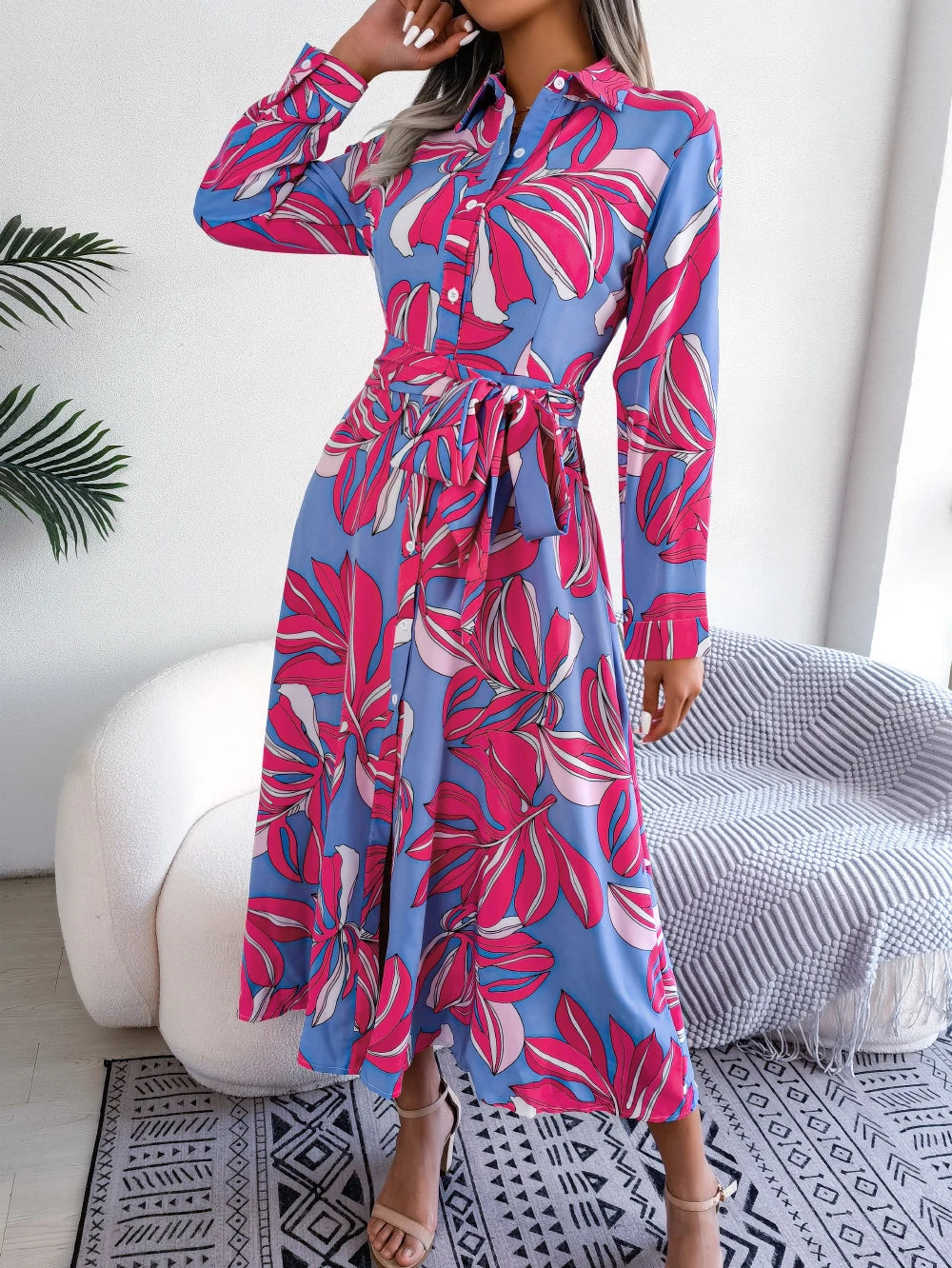 Women Casual Floral Print Long Sleeve Maxi Shirt Dress for Spring Autumn 2026 Elegant Contrast Color Lapel Buttons Long Dresses
