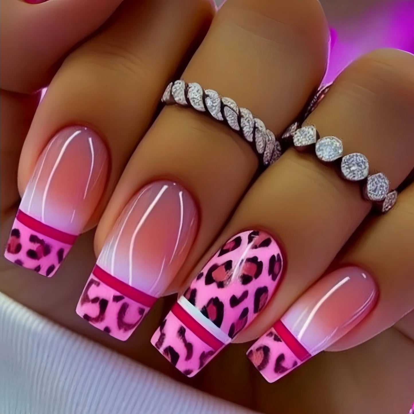 Medium fake nails for women girls gradient rose pink blue leopard print glossy Ballet shape full cover press on false nail art