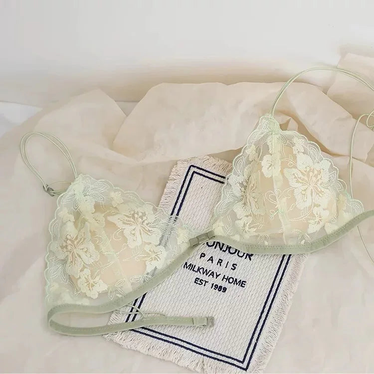 French Style Triangle Cup Bralette Embroidered Lace Wireless Hollow Out Pure Desire Lingerie Set CA MOYISU Lingerie Sensual Set