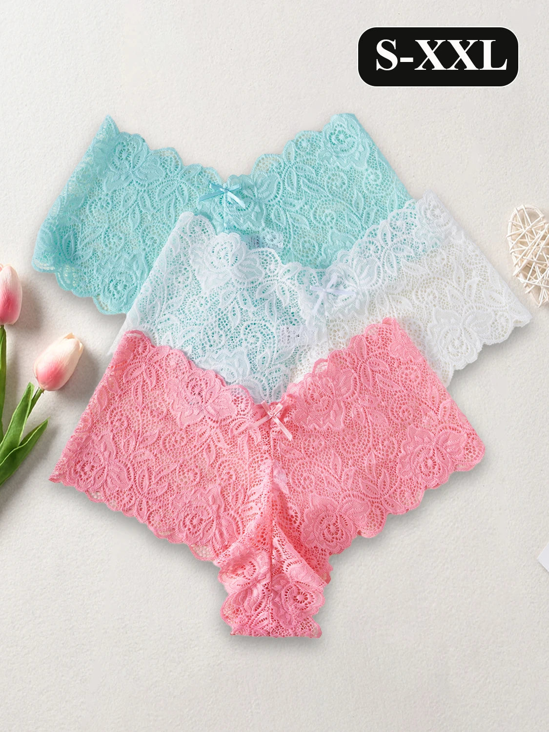 6PCS Women's Sexy Lace Underwear Solid Color V-Shape Low Waist Briefs Elegant Lace Floral Panties Fashion Breathable Lingerie