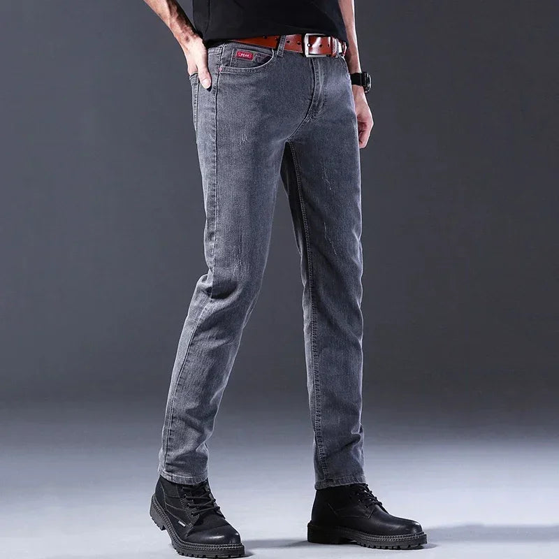 New Men Fashion Casual Business Denim Pants Male Slim Fit Straight Leg Trousers Stretch Solid Pants Size 27-38
