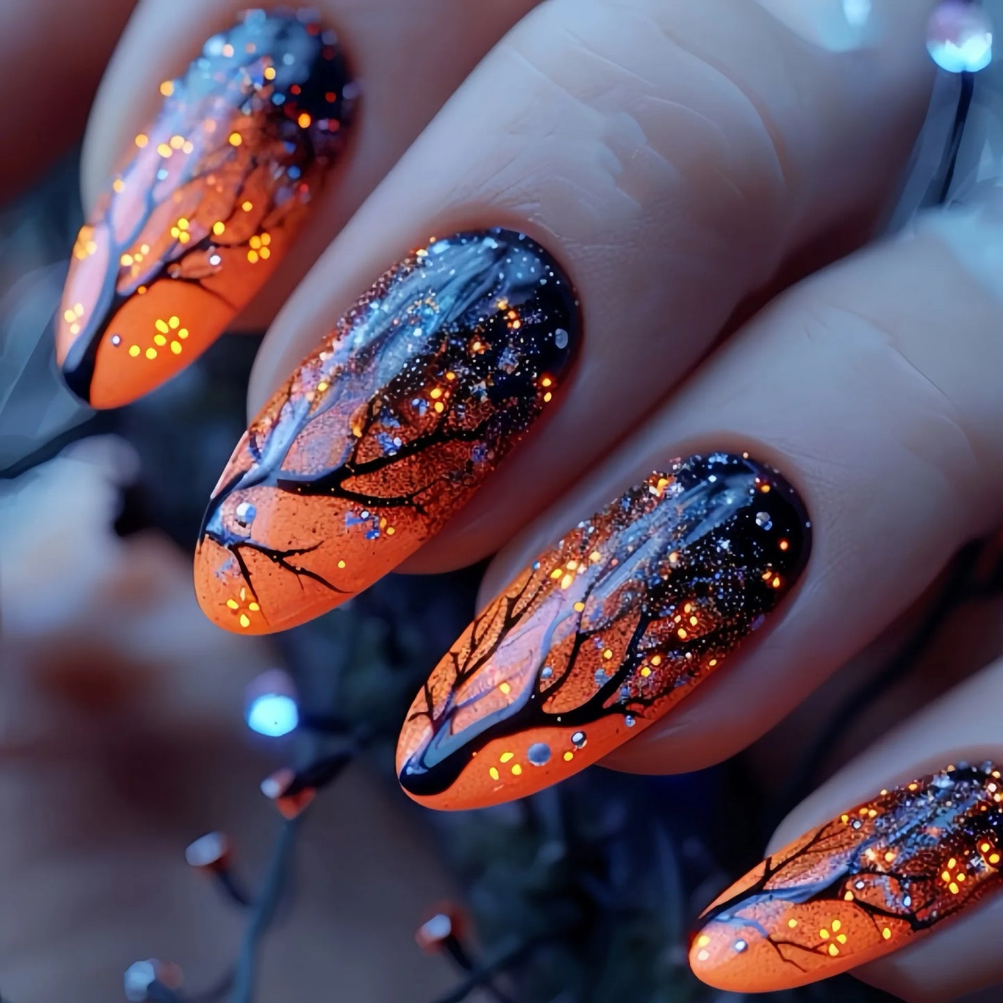 Medium fake nails for women girls gradient brown yellow tree flora almond shape full cover reusable press on false nail set