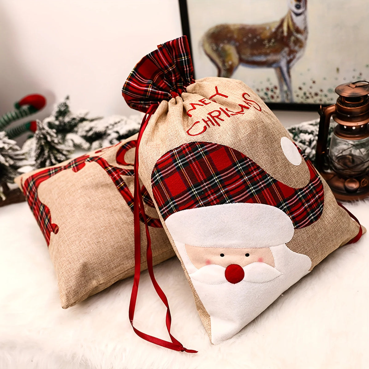 1PC Large Christmas Gift Bag Drawstring Luxury Linen Packing Bag Elf Merry Christmas Accessories Xmas Decorations Goods