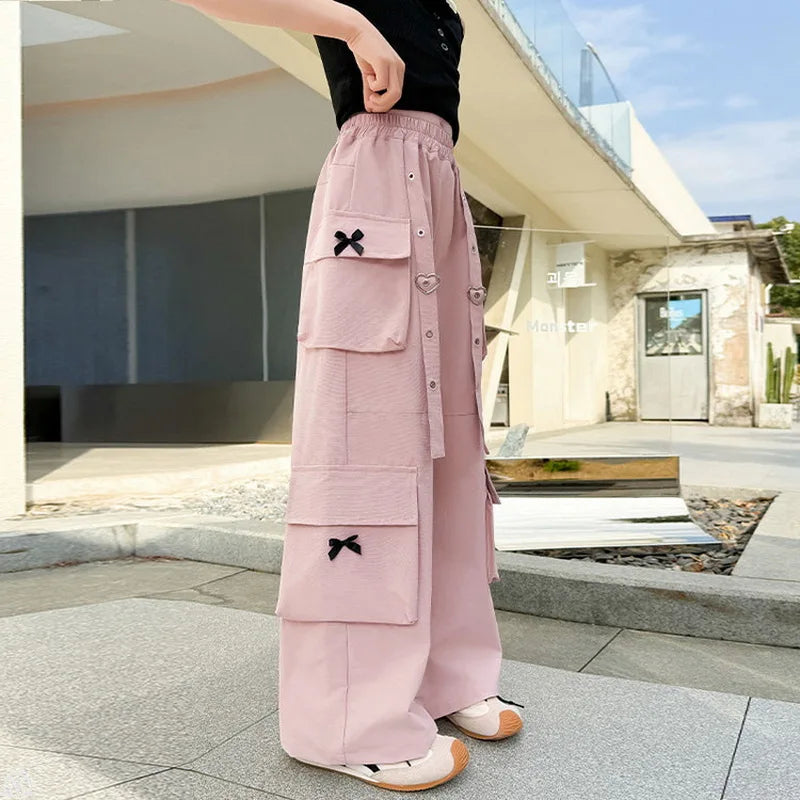 Kids Cargo Pants with Side Pocket for Tweens Girl High Fashion Hip Hop Bow Trousers Child Street  Pink Black Trackpants Hot Sell