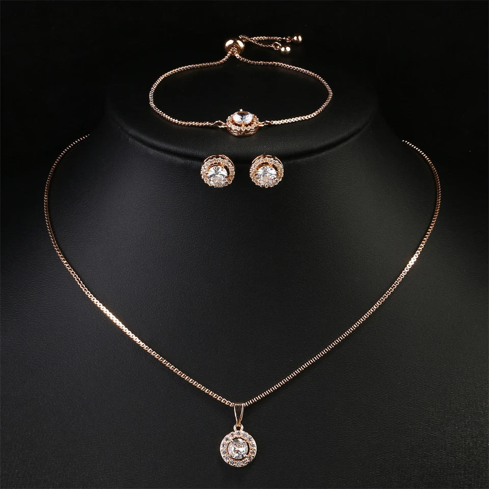 Simple Geometric Round Zircon Pendant Necklace for Women Clear  AAA Zirconia Crystal Charm Chain Necklaces Wedding Jewelry Sets