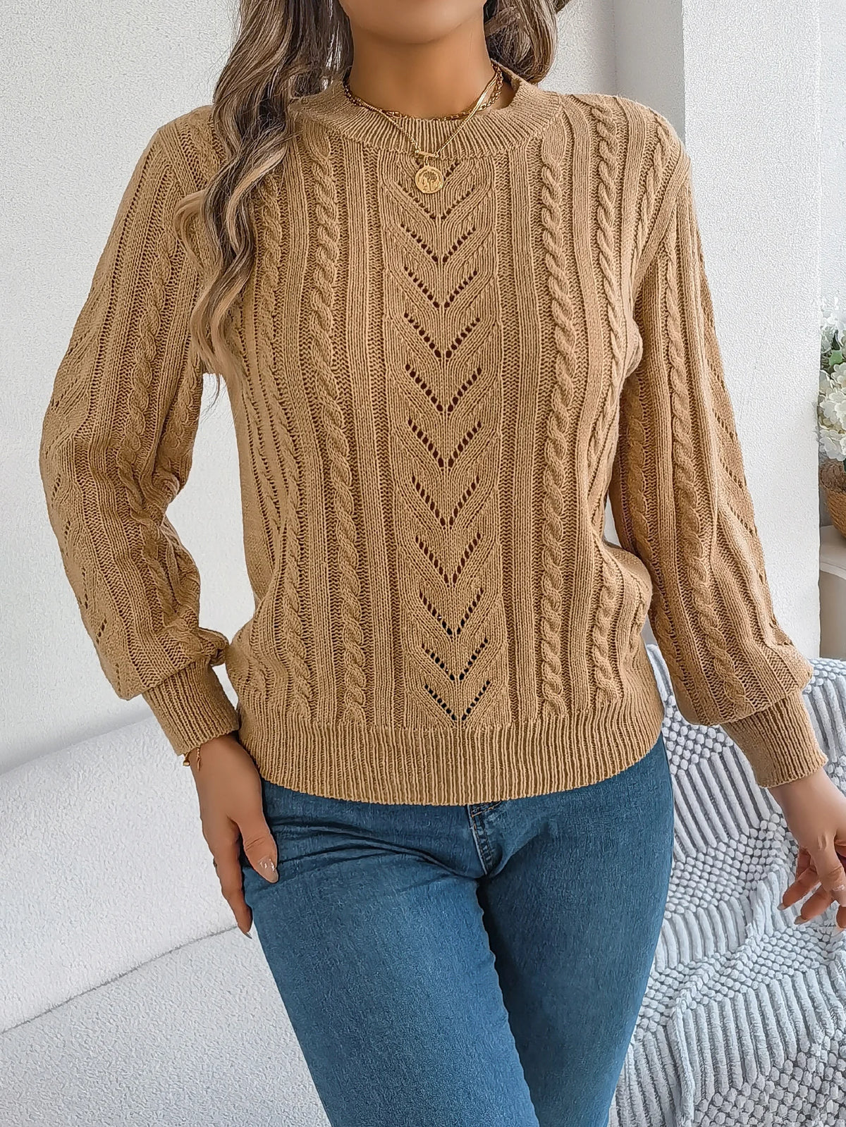 Autumn and Winter Casual Solid Color O-Neck Hollow Out Long Sleeved Pullover Sweater