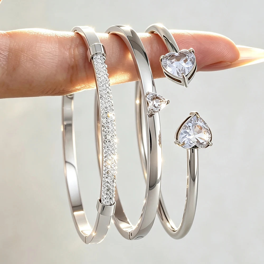 ZAKOL 3pcs/set 316 Stainless Steel Bracelets Shiny Heart Zircon Open Bangle Valentine's Day Stacked Wrist Jewelry Gifts