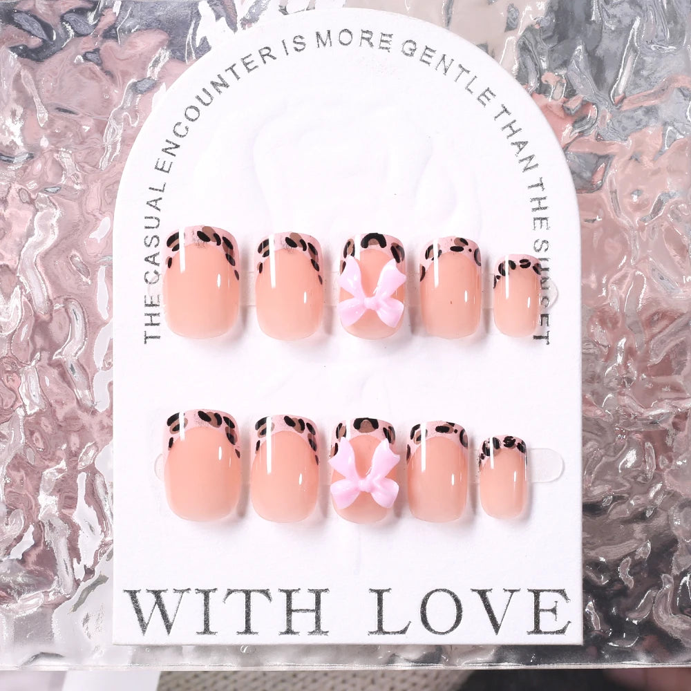 24Pcs Pink Leopard Print French Tips False Nails Short Square Head 3D Black Bowknot Fake Nails Acrylic Full Cover Press on Nails