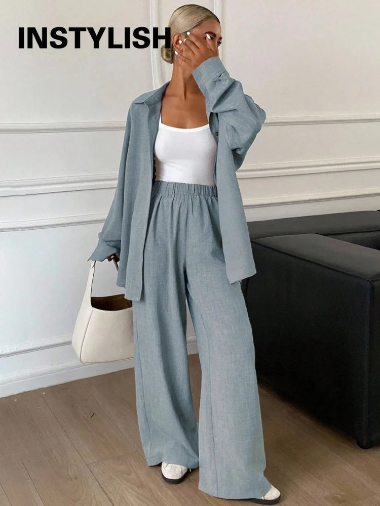 2026 New Women Linen Two Piece Outfit Set Lapel Long Sleeve Button Shirts Elastic Waist Wide Leg Pants Casual Loose Home Suit