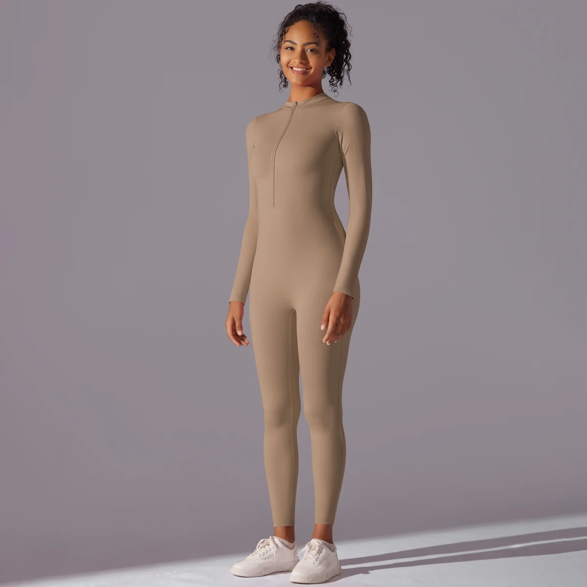 Women Zipper Yoga Jumpsuit Nude Long Sleeve High Intensity Workout One Piece Leotard Fitness Dance Gym Aerial Yoga Jumpsuit