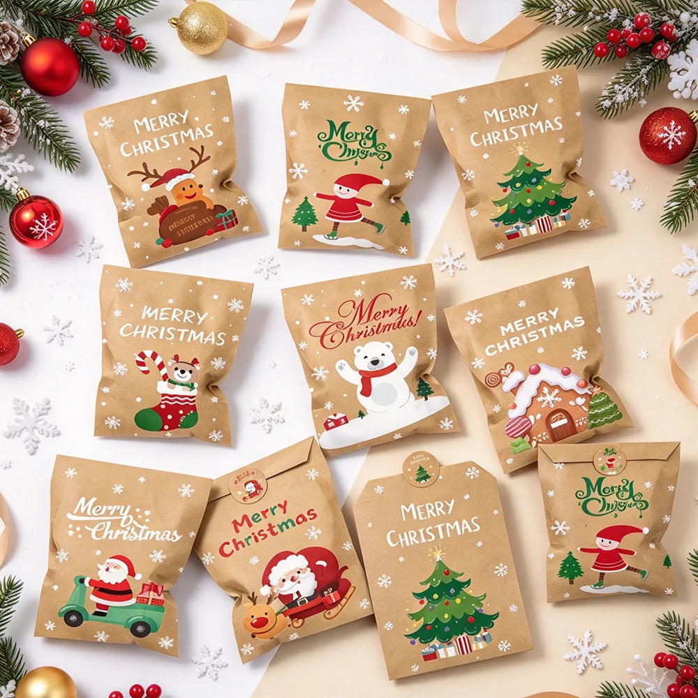 24Pcs Merry Christmas Cartoon Kraft Paper Goodie Bags, Vintage Xmas Candy Treat Bags with Snowflake Prints,Party Favor Packaging