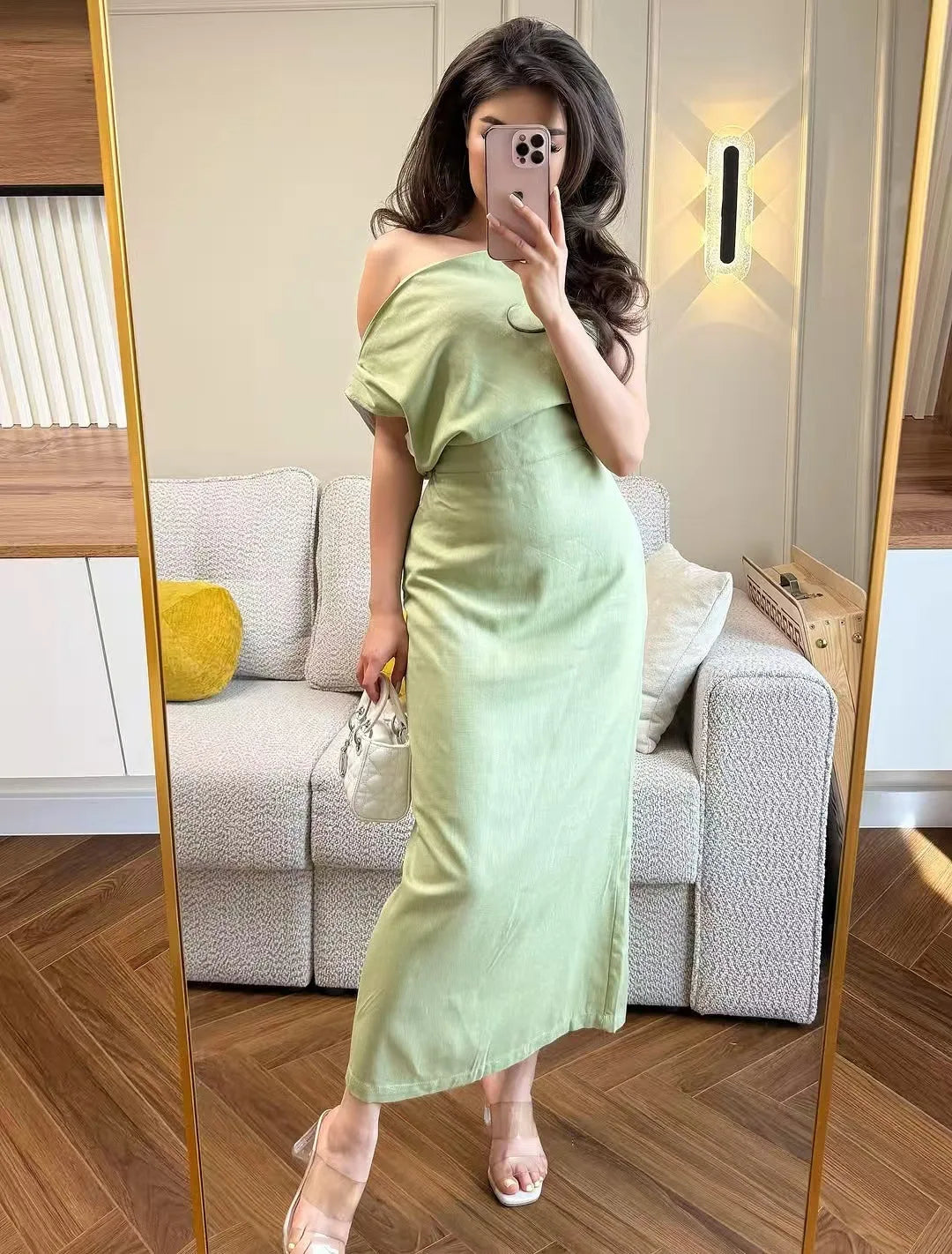 Elegant Solid One Shoulder Dresses Lady Skew Collar Waist-cinching Sleeveless Long Dress 2026 Women New Party Club Gowns