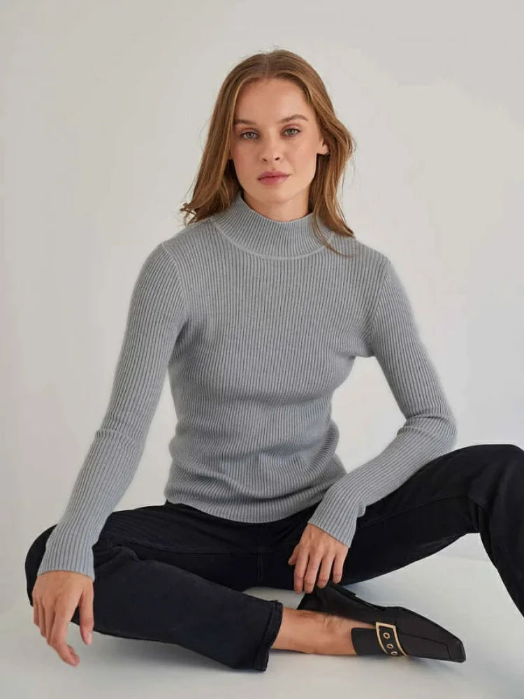 Women's Elegant Knitted Pullover Sweater Vintage Half High Neck Solid Tops Casual Slim Fit Sweaters Autumn Winter Basic Knitwear