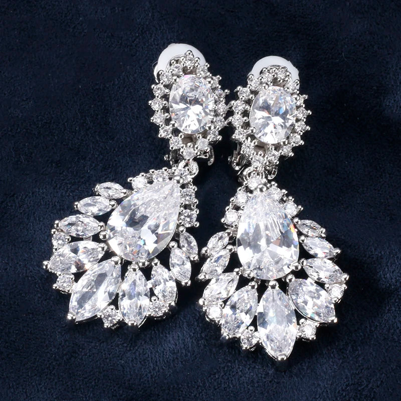 Fashion AAA Cubic Zirconia Chandelier Dangle Drop Earrings White Gold Color Crystal CZ Wedding Party Jewelry for Women