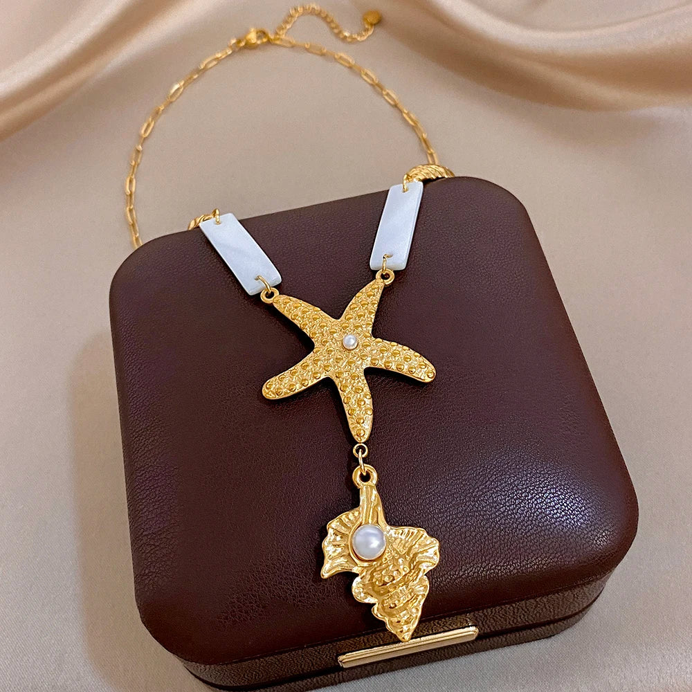 Flashbuy Beach Style Golden Stainless Steel Starfish Conch Pendant Necklace For Women New Design Fashion Accessories 2026