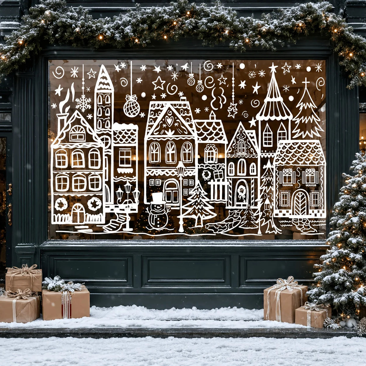 4 Sheets Christmas Window Clings, White Line Art Winter Town House Snowman Glass Decals, Xmas Holiday Removable Window Stickers